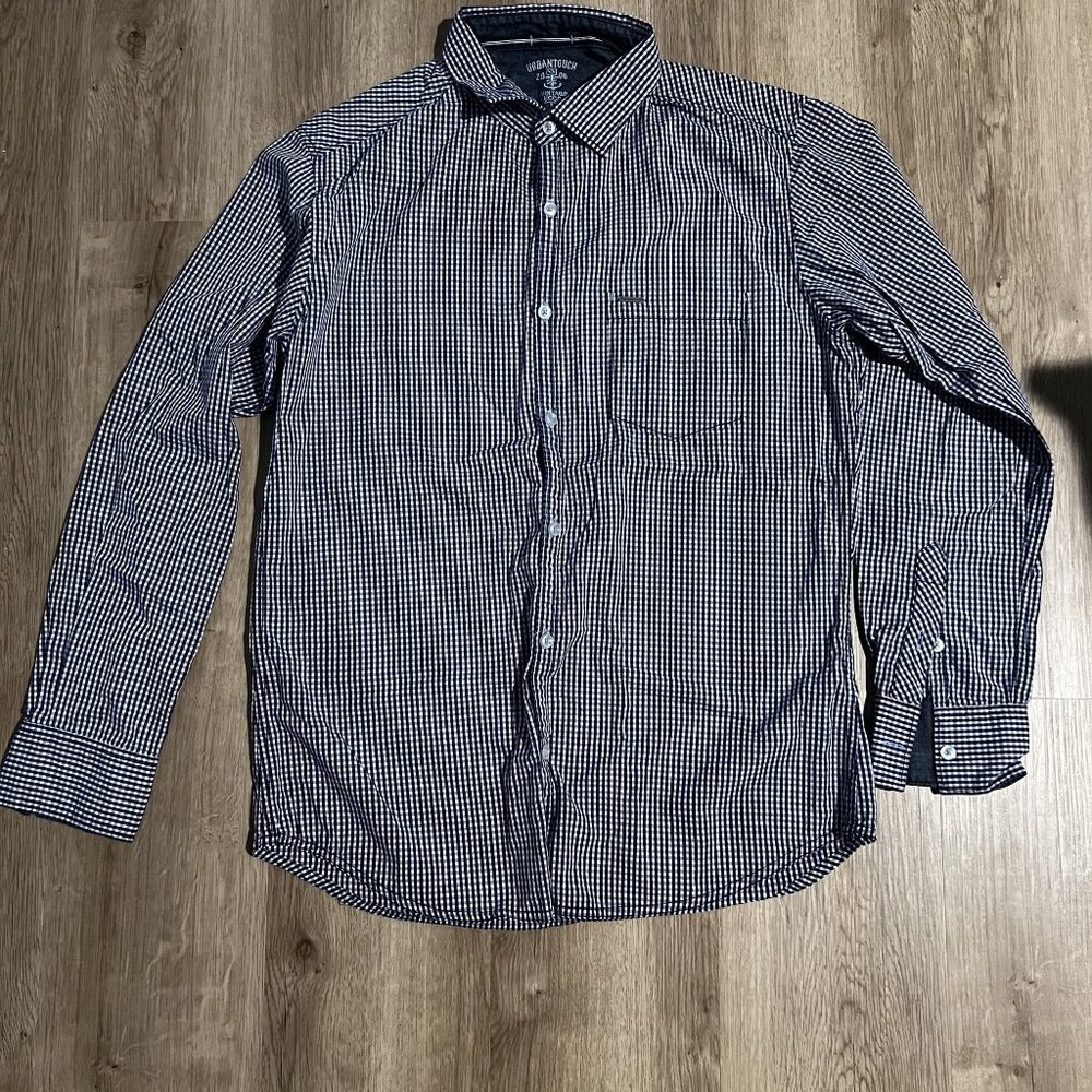Urban Touch Plum, Blue & White Gingham Check Long Sleeve Button-Down Shirt SZ L